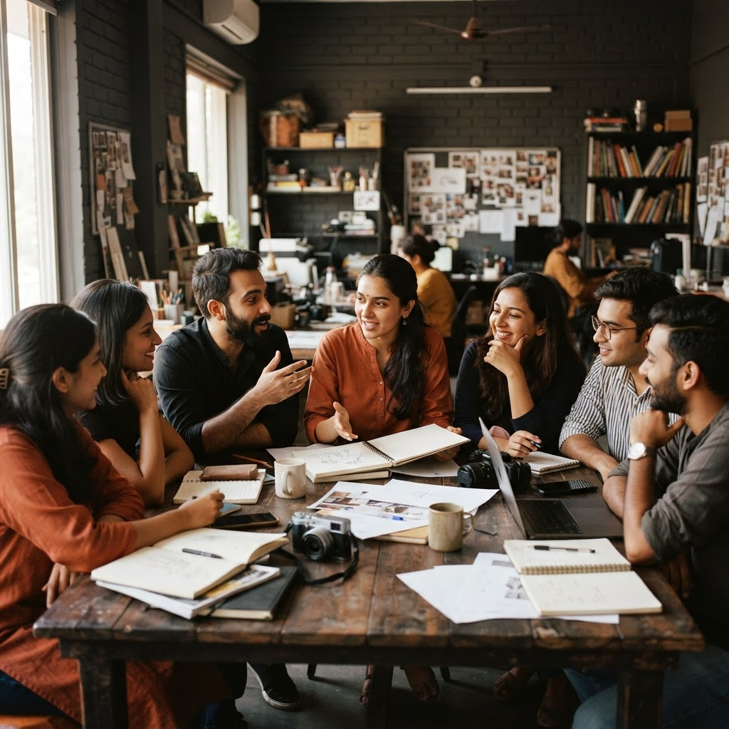 Creators collaborating during a studio workshop