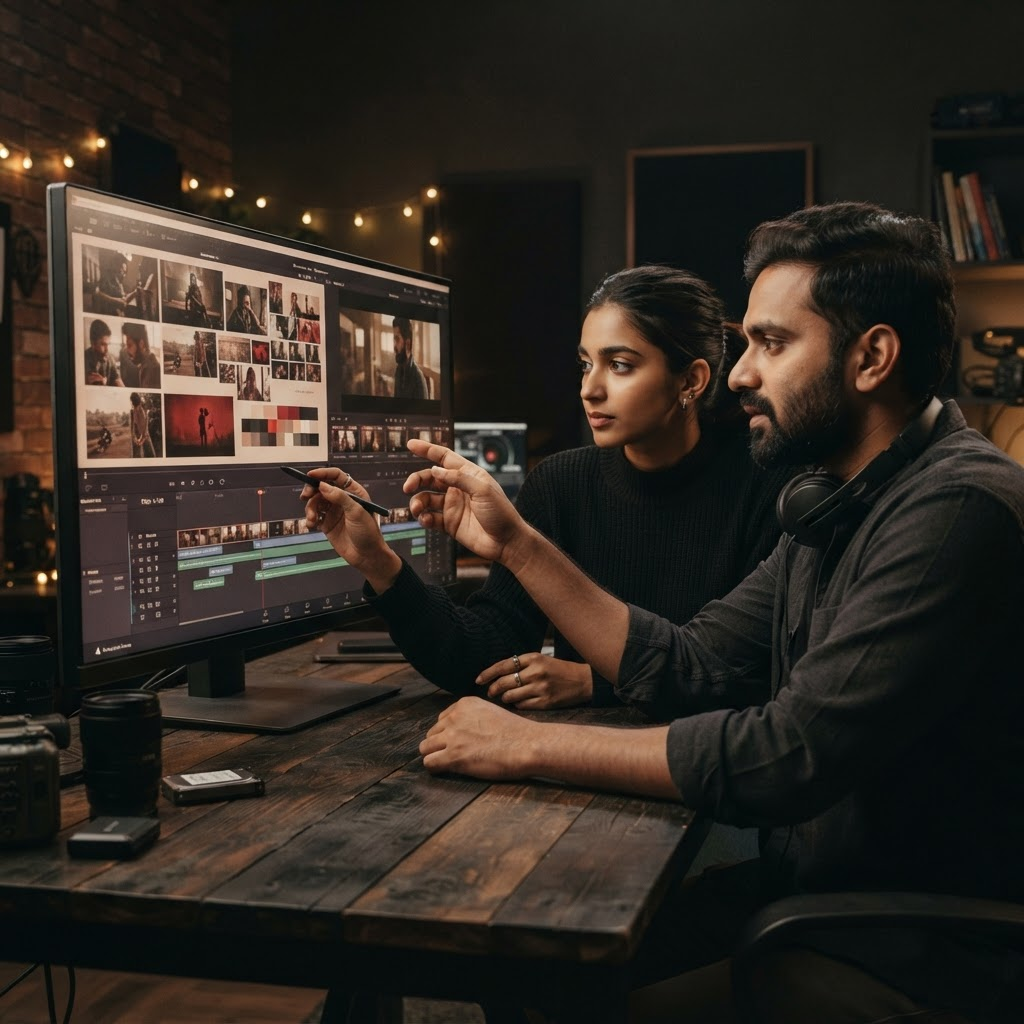 SyvoMedia team reviewing creative work in the studio