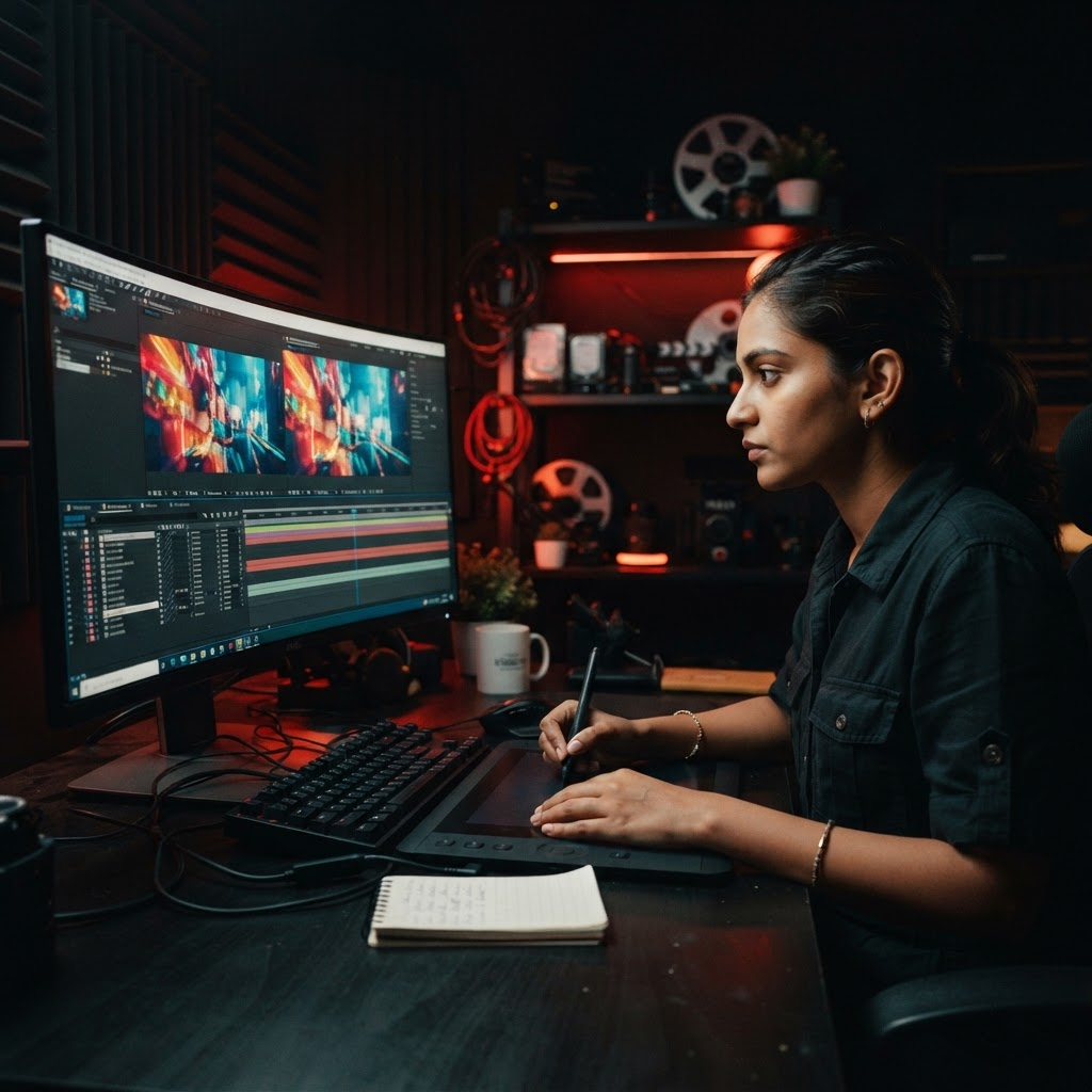 Motion designer editing campaign film frames